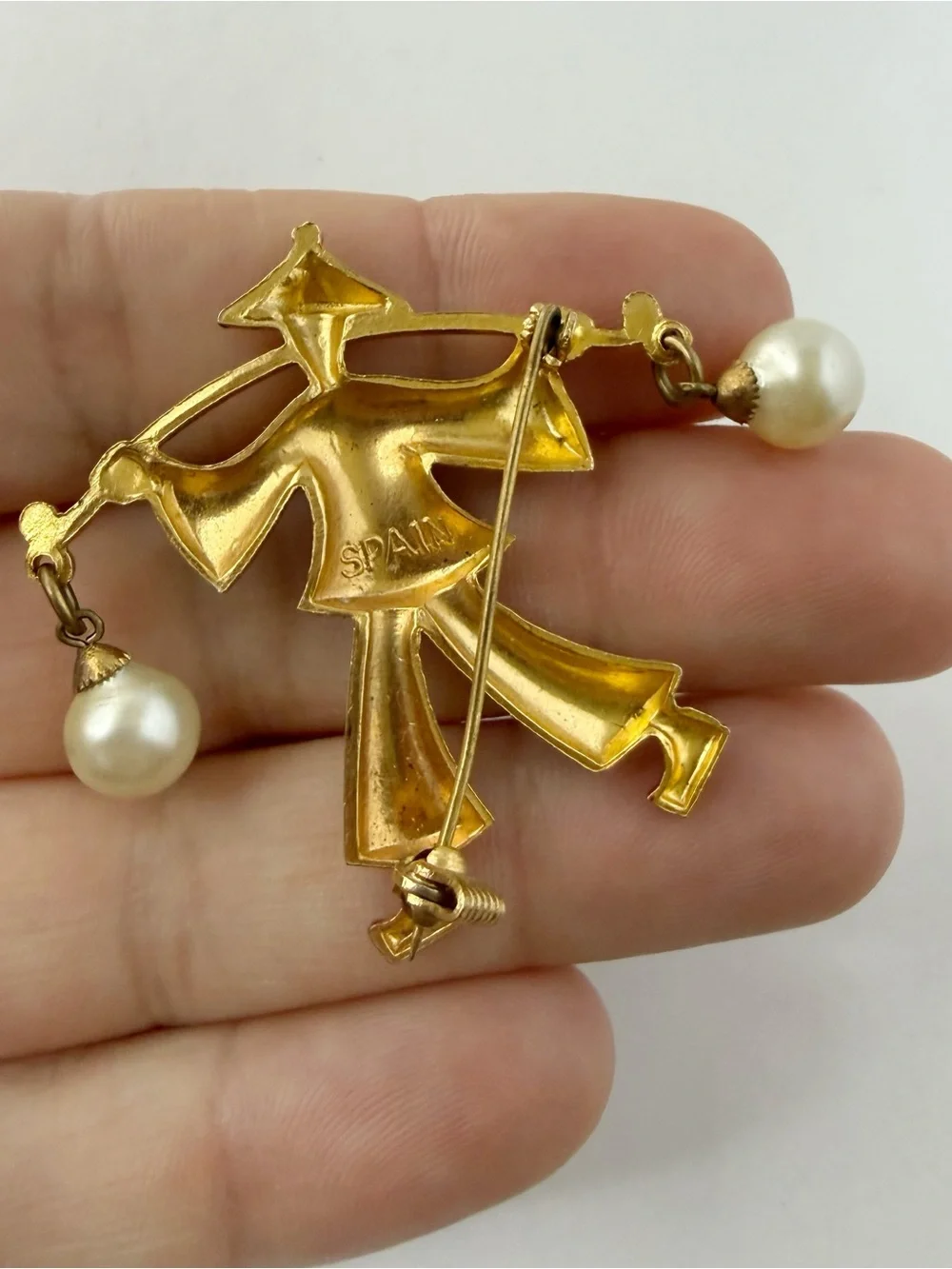 Vintage Toledo Damascene Spain Figural Asian Water Carrier Man Faux Pearl Brooch